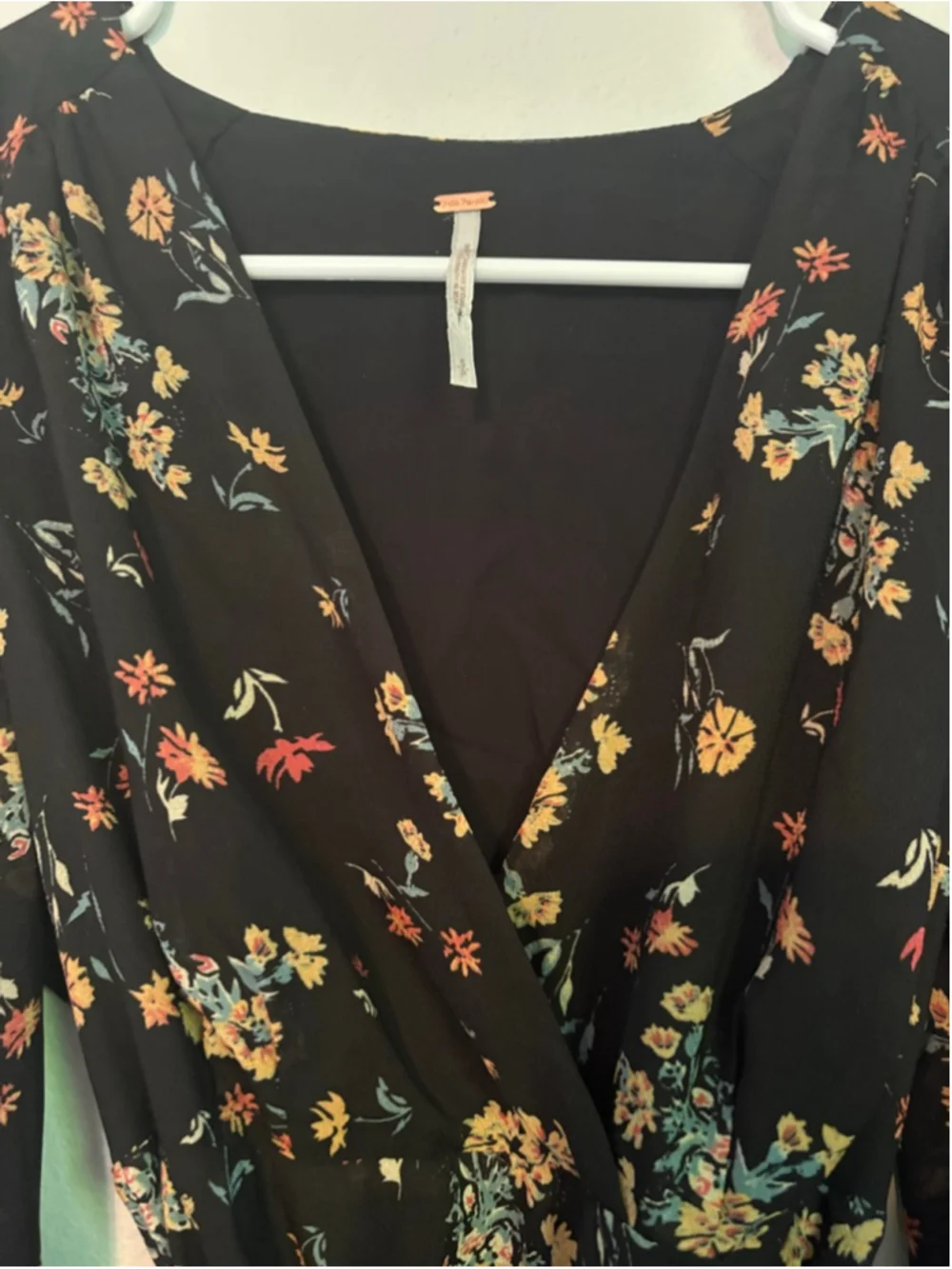 Free People Lilou Floral Mini Dress Boho Bell Sleeve Faux Wrap Size S